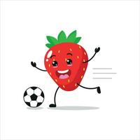 söt och rolig jordgubb spela fotboll. frukt håller på med kondition eller sporter övningar. Lycklig karaktär fotboll arbetssätt ut vektor illustration.