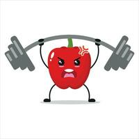 süß und komisch rot Paprika tun Gewichtheben. Gemüse tun Fitness oder Sport Übungen. glücklich Charakter Arbeiten aus Vektor Illustration.