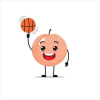 süß und komisch Pfirsich abspielen Basketball. Obst tun Fitness oder Sport Übungen. glücklich Charakter Arbeiten aus Vektor Illustration.