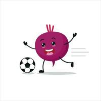 süß und komisch Zuckerrüben abspielen Fußball. Gemüse tun Fitness oder Sport Übungen. glücklich Charakter Fußball Arbeiten aus Vektor Illustration.