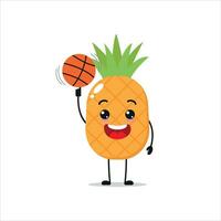 süß und komisch Ananas abspielen Basketball. Obst tun Fitness oder Sport Übungen. glücklich Charakter Arbeiten aus Vektor Illustration.