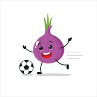 süß und komisch rot Zwiebel abspielen Fußball. Gemüse tun Fitness oder Sport Übungen. glücklich Charakter Fußball Arbeiten aus Vektor Illustration.
