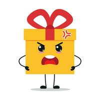 süß wütend Geschenk Box Charakter. komisch wütend Geschenk Box Karikatur Emoticon im eben Stil. Geschenk Emoji Vektor Illustration