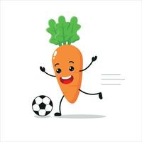 söt och rolig morot spela fotboll. vegetabiliska håller på med kondition eller sporter övningar. Lycklig karaktär fotboll arbetssätt ut vektor illustration.
