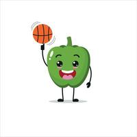 süß und komisch Grün Paprika abspielen Basketball. Gemüse tun Fitness oder Sport Übungen. glücklich Charakter Arbeiten aus Vektor Illustration.