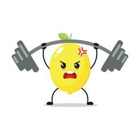 süß und komisch Zitrone tun Gewichtheben. Obst tun Fitness oder Sport Übungen. glücklich Charakter Arbeiten aus Vektor Illustration.