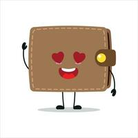 süß glücklich Brieftasche Charakter. komisch fallen im Liebe Geldbörse Karikatur Emoticon im eben Stil. finanziell Emoji Vektor Illustration