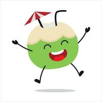 süß glücklich Scheibe Kokosnuss Charakter. komisch Feier springen Kokosnuss Karikatur Emoticon im eben Stil. Obst Emoji Vektor Illustration