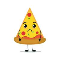 süß traurig Pizza Charakter. komisch unzufrieden Kuchen Karikatur Emoticon im eben Stil. Essen Emoji Vektor Illustration