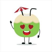 süß glücklich Scheibe Kokosnuss Charakter. komisch fallen im Liebe Kokosnuss Karikatur Emoticon im eben Stil. Obst Emoji Vektor Illustration