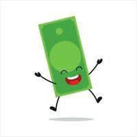 söt Lycklig papper pengar karaktär. rolig seger hoppa firande pengar tecknad serie uttryckssymbol i platt stil. finansiell emoji vektor illustration