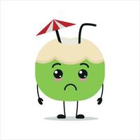 süß traurig Scheibe Kokosnuss Charakter. komisch unzufrieden Kokosnuss Karikatur Emoticon im eben Stil. Obst Emoji Vektor Illustration