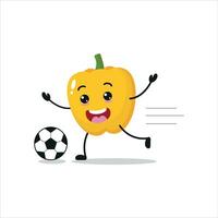 süß und komisch Gelb Paprika abspielen Fußball. Gemüse tun Fitness oder Sport Übungen. glücklich Charakter Fußball Arbeiten aus Vektor Illustration.