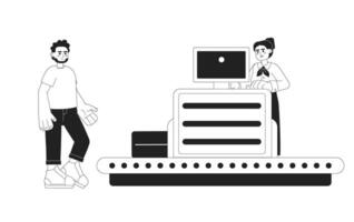 Tourist Gepäck Scanner einfarbig Konzept Vektor Stelle Illustration. Sicherheit Steuerung Punkt im Flughafen 2d eben bw Karikatur Zeichen auf Weiß zum Netz ui Design. isoliert editierbar Hand gezeichnet Held Bild