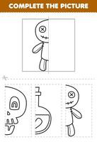 utbildning spel för barn skära och komplett de bild av söt tecknad serie voodoo docka halv översikt för färg tryckbar halloween kalkylblad vektor