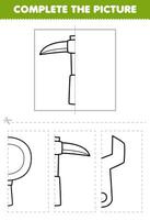 utbildning spel för barn skära och komplett de bild av söt tecknad serie pickaxe halv översikt för färg tryckbar verktyg kalkylblad vektor