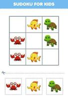 utbildning spel för barn lätt sudoku för barn med söt tecknad serie krabba fisk sköldpadda tryckbar djur- kalkylblad vektor