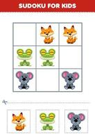 Bildung Spiel zum Kinder einfach Sudoku zum Kinder mit süß Karikatur Fuchs Frosch Koala druckbar Tier Arbeitsblatt vektor