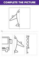 Bildung Spiel zum Kinder Schnitt und Komplett das Bild von süß Karikatur Flugzeug Hälfte Gliederung zum Färbung druckbar Transport Arbeitsblatt vektor