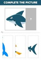 Bildung Spiel zum Kinder Schnitt und Komplett das richtig Bild von süß Karikatur Hai druckbar unter Wasser Arbeitsblatt vektor