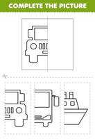 Bildung Spiel zum Kinder Schnitt und Komplett das Bild von süß Karikatur Auto Hälfte Gliederung zum Färbung druckbar Transport Arbeitsblatt vektor