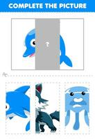 Bildung Spiel zum Kinder Schnitt und Komplett das richtig Bild von süß Karikatur Delfin druckbar unter Wasser Arbeitsblatt vektor
