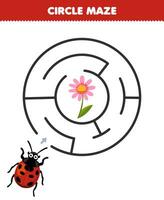 utbildning spel för barn cirkel labyrint dra linje hjälp söt tecknad serie nyckelpiga flytta till de blomma tryckbar insekt kalkylblad vektor