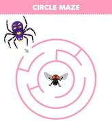 Bildung Spiel zum Kinder Kreis Matze zeichnen Linie Hilfe süß Karikatur Spinne Bewegung zu das fliegen druckbar Fehler Arbeitsblatt vektor