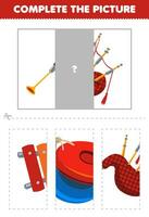 utbildning spel för barn skära och komplett de korrekt bild av söt tecknad serie säckpipor tryckbar musik instrument kalkylblad vektor