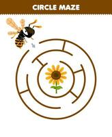 Bildung Spiel zum Kinder Kreis Matze zeichnen Linie Hilfe süß Karikatur Biene Bewegung zu das Blume druckbar Fehler Arbeitsblatt vektor