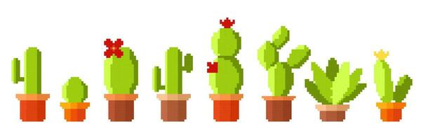 uppsättning av ikon av kaktus i pixel konst stil. abstrakt kaktus ikon vektor illustration. spel kaktus samling.