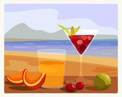 frukost nära de hav. vektor illustration. frukter, juice och cocktail. stranden. sommar semester