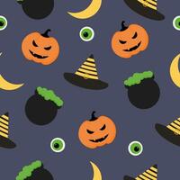 Halloween Muster mit Kürbis, Auge, Mond, Hexe Hut und Kessel vektor