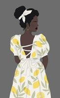 afrikansk kvinna i en vit klänning med målad citroner står med henne tillbaka till oss. vektor platt modern illustration.