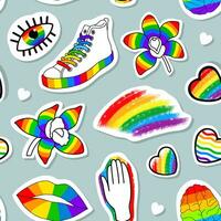 Vektor nahtlos Muster von lgbt Aufkleber und Symbole. Hand gezeichnet Illustration zum Stolz Monat. zum Hintergründe, Verpackung Papier, Stoff.