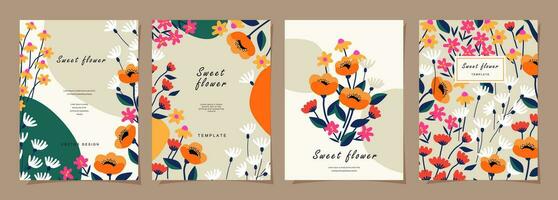 Blumen- Vorlage einstellen zum Poster, Karte, Abdeckung, Etikett, Banner im modern minimalistisch Stil und einfach Sommer- Design Vorlagen mit Blumen und Pflanzen. vektor