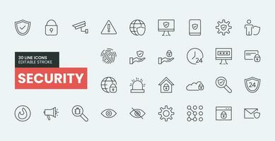 uppsättning av 30 översikt säkerhet ikoner med redigerbar stroke. inkluderar ikoner digital låsa, cyber säkerhet, Lösenord, smart Hem, dator säkerhet, fingeravtryck och Mer. vektor