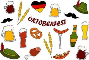 einstellen von Karikatur Gekritzel Elemente zum Oktoberfest Festival - - Vektor Illustration. Licht und dunkel Bier im Tassen und ein Flasche, Hüte, Schnurrbärte, Knöchel, Brezel, Ohren von Mais, gegrillt Würste und das Flagge