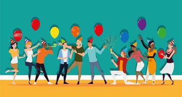 Männer und Frauen machen Party mit Luftballons und Konfetti vektor