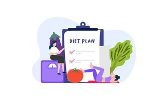 diet planen checklista illustration. människor håller på med träning, Träning och planera diet med frukt och grönsak. vektor