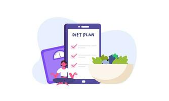 diet planen checklista illustration. människor håller på med träning, Träning och planera diet med frukt och grönsak. vektor