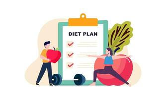 diet planen checklista illustration. människor håller på med träning, Träning och planera diet med frukt och grönsak. vektor