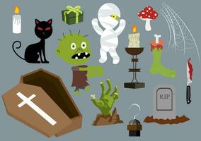 einstellen Halloween Elemente Vektor Illustration mit verschiedene Arten von Dinge mögen Geister, Kürbisse, Schädel, Süßigkeiten und Mehr Karikatur Hintergrund Vorlagen