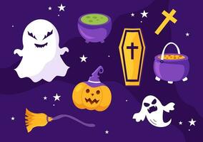 einstellen Halloween Elemente Vektor Illustration mit verschiedene Arten von Dinge mögen Geister, Kürbisse, Schädel, Süßigkeiten und Mehr Karikatur Hintergrund Vorlagen