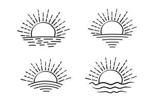 uppsättning av ritad för hand isolerat Sol vektorer, sommar soluppgång solnedgång solsken sollogotyp ikon, stigande solljus ikon, sommartid solstråle ikoner, linje konst gul Sol samling, varm väder ikoner, vatten vågor vektor