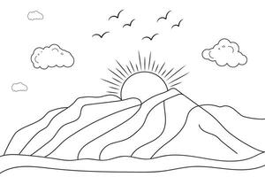 ritad för hand linje konst landskap berg se, med Sol och moln, under de flod, vild strand solnedgång och soluppgång översikt vågor natur se, sjö linje teckning ö kullar, barn teckning färg sida vektor