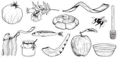 rosh hashanah Vektor Illustration Satz, Shana tova Sammlung zum jüdisch Neu Jahr. Honig, Tora scrollen, runden Challah, Mann im Tallit mit Schofar, Granatapfel Früchte und Fisch