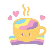 süß kawaii glücklich Tasse mit Süss Regenbogen Getränk Hand gezeichnet Karikatur Vektor