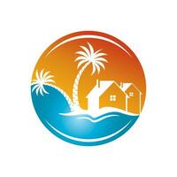 minimalistisk ikon solnedgång strand hus logotyp vektor