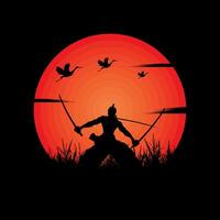 Illustration Vektor Grafik von Samurai Ausbildung beim Nacht auf ein voll Mond. perfekt zum Hintergrund, Poster, usw. Landschaft Hintergrund, Illustration Vektor Stil, einer Stück, Roronoa Zorro
